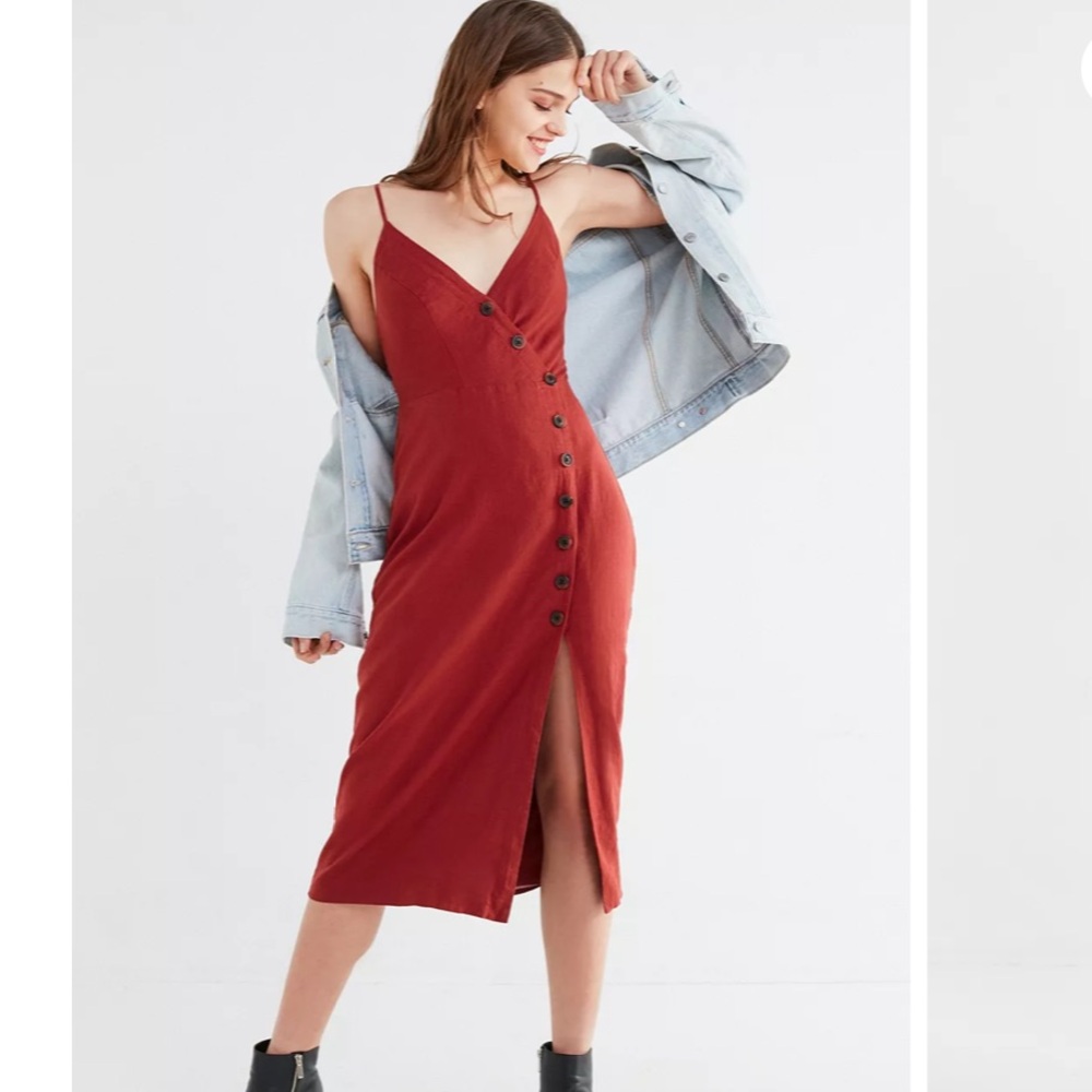 Uo Amber Rust Linen Button-Through Midi Dress - image 1